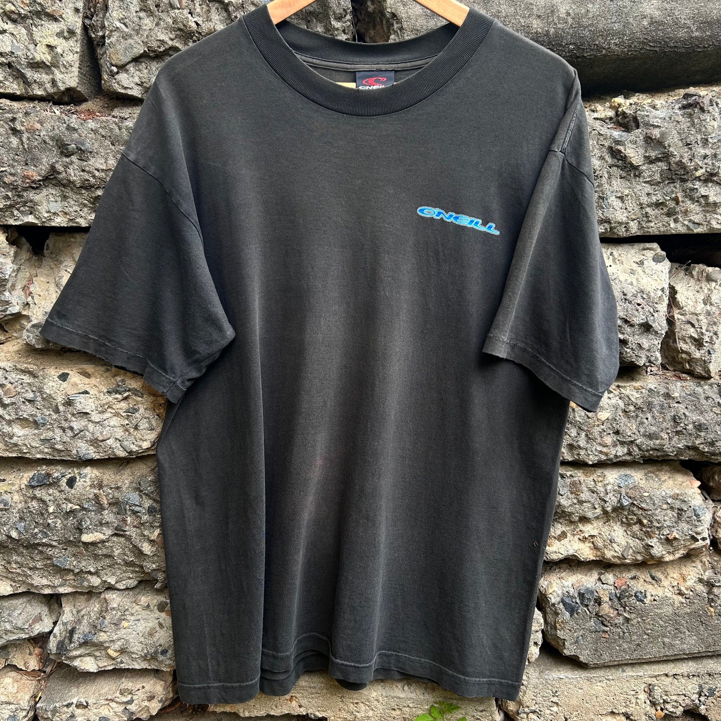 Black vintage faded surfwear shirt, blue logo 