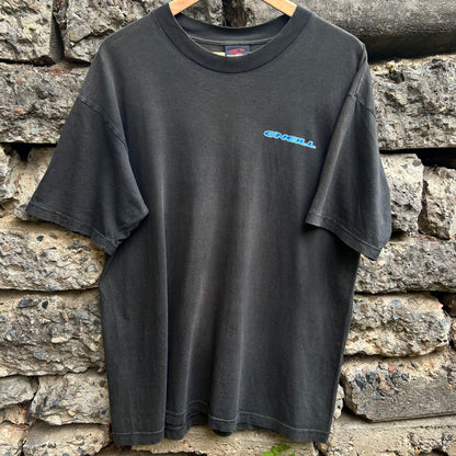 Black vintage faded surfwear shirt, blue logo 