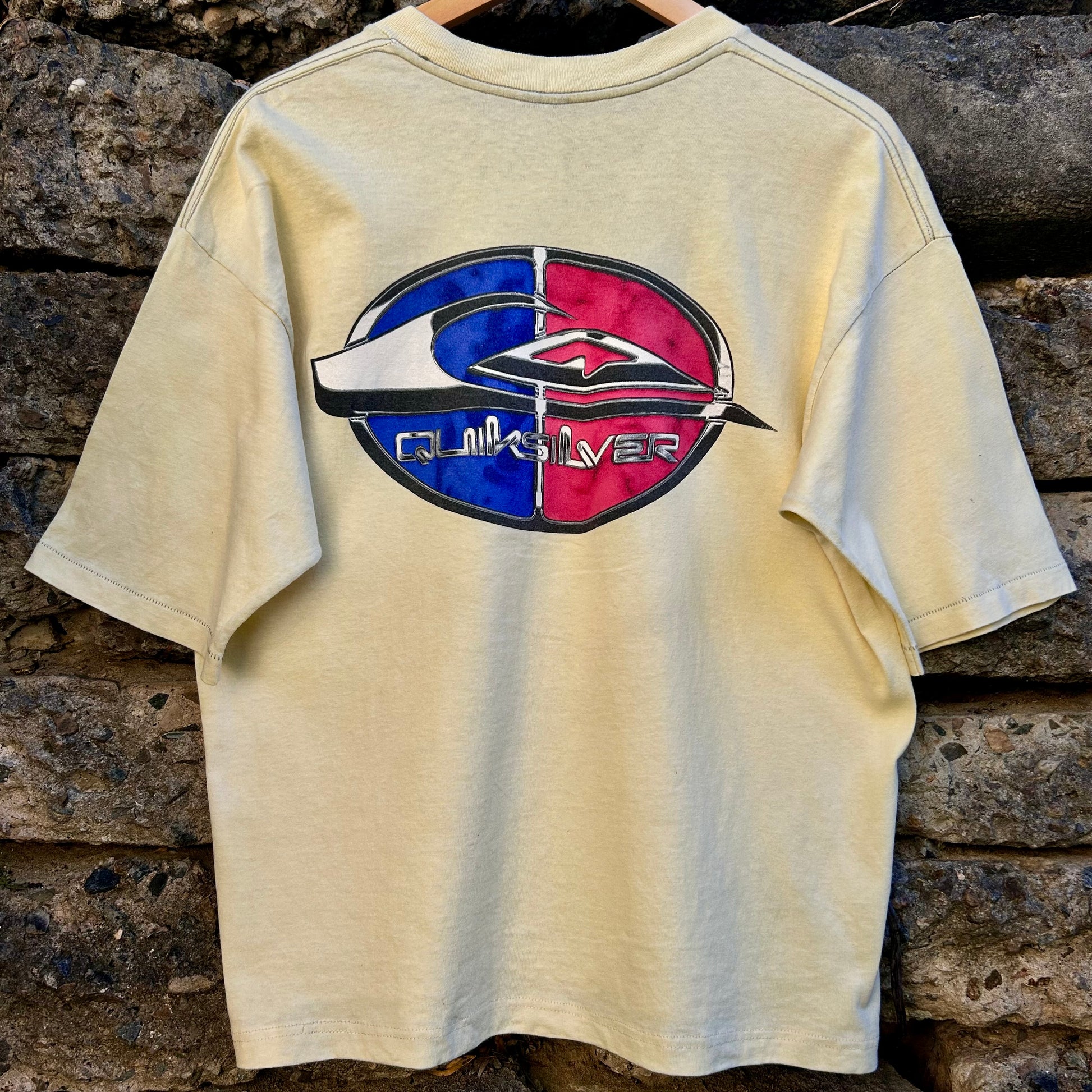 Vintage Quiksilver, chrome logo yellow shirt, vintage surfwear 